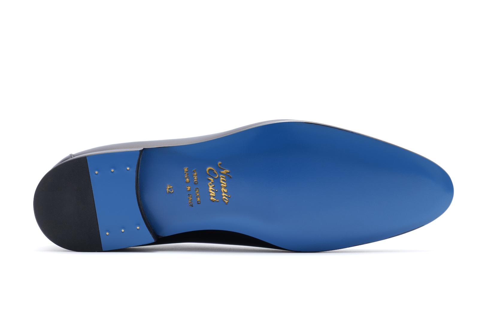 Signature sky-blue Vero Cuoio leather sole of The Nunzio by Nunzio Orsini, stamped in gold, handmade in Marche Italy