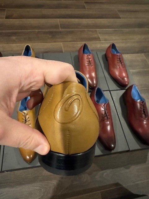 Embossed Orsini O monogram on the heel counter, handcrafted by Nunzio Orsini artisans in Marche Italy